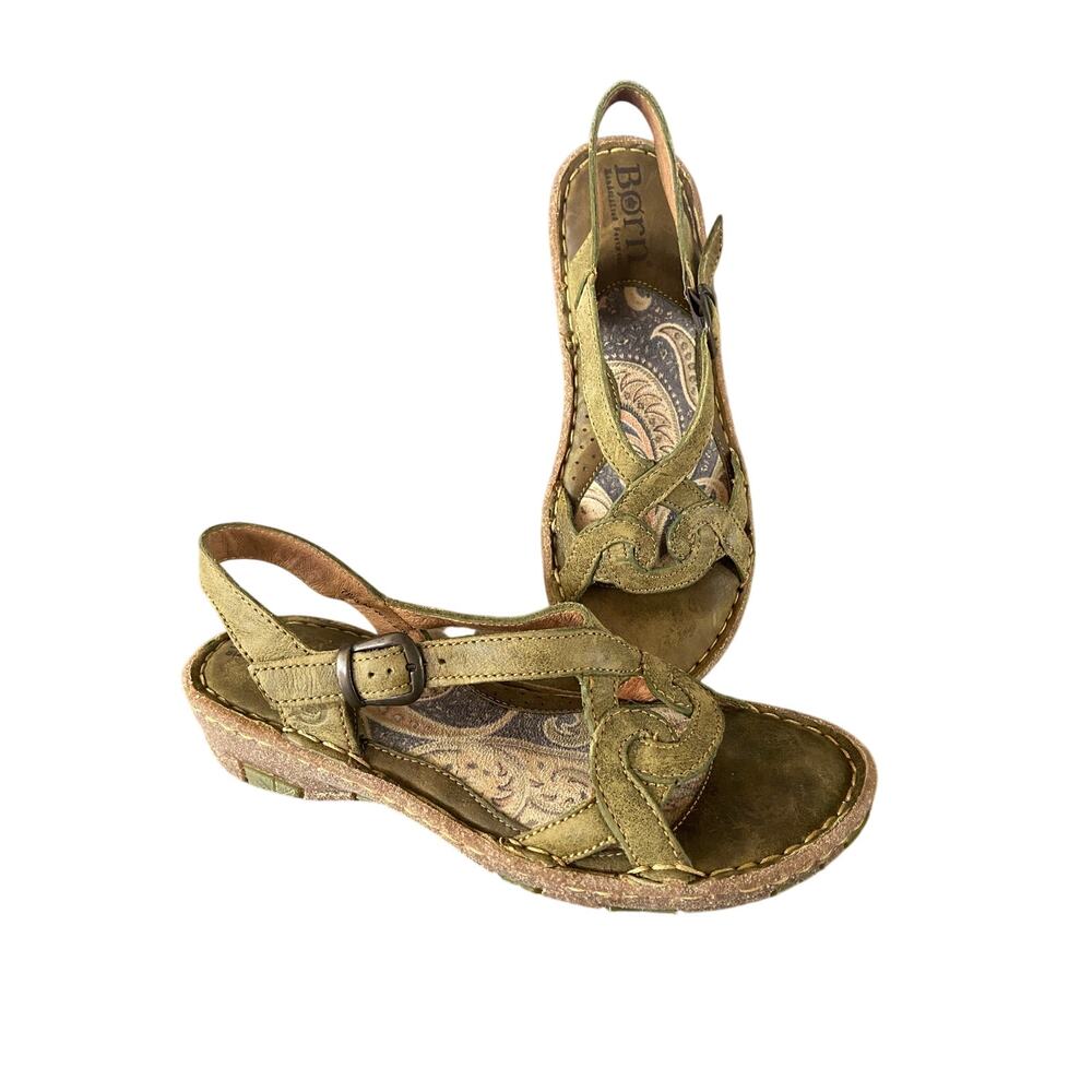 Born distressed olive green leather strappy comfort sandal